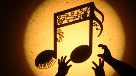 Hands creating a shadow puppet of a musical note with piano keys and musical notes...の写真素材