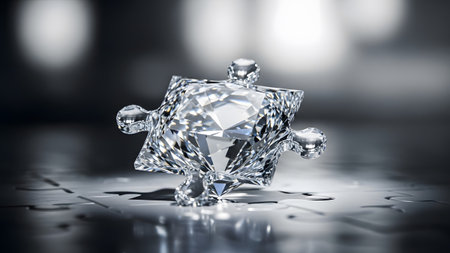 A clear diamond puzzle piece rests on a metallic jigsaw puzzle surface with soft background...の写真素材