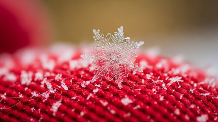 Intricate showing intricate snowflake resting on textured red fabric with scattered ice...の写真素材