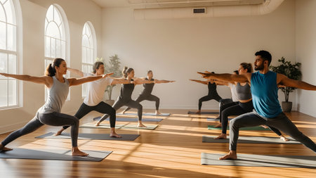 A diverse group of people in a bright studio practice yoga warrior pose with arms extended.