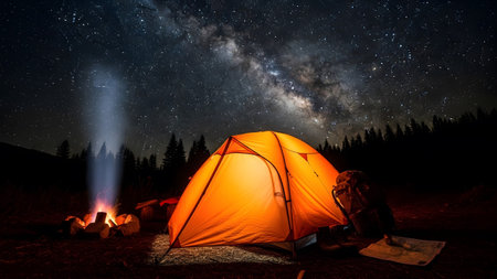 Silhouette showing orange tent and campfire with backpack and map under the milky way galaxy and...の写真素材
