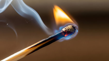 showing single wooden match burning brightly with blue and orange flame and white smoke....