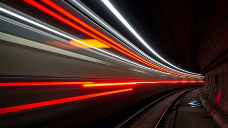 showing long exposure light trails of a train speeding through a dark tunnel with red and...