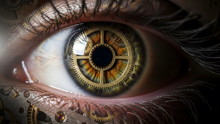 Intricate showing human eye with intricate golden clockwork gears reflected in the iris and...の写真素材