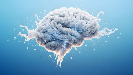 A white, stylized brain with a blue digital network and glowing light particles against a light...の写真素材