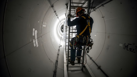 Wind showing worker descends ladder inside wind turbine tower wearing safety harness and orange...