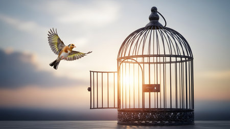 Antique showing small yellow and brown bird flying away from an open antique birdcage at...の写真素材