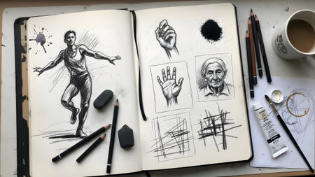 (2253) showing artist sketchbook with dynamic figure and studies of hands and face.の写真素材