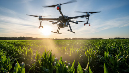 Light. showing drone flying over a green cornfield at sunset spraying liquid with golden light...