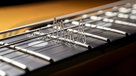 Extreme close-up of acoustic guitar strings and frets with small transparent mimicking sound...の写真素材