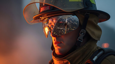 Gear showing firefighter in protective gear with cityscape reflected in visor during fire.