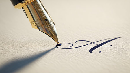 (4030) showing gold fountain pen writing letter a on textured paper with shadow. resolution...