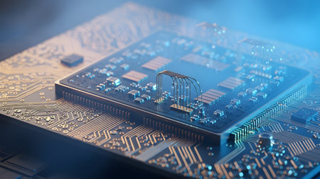 An intricate golden circuit board a central processor with fine wire connections, illuminated by...