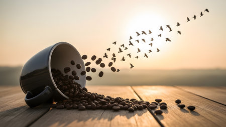 A dark coffee cup is tipped over with beans spilling out as birds fly into the sunset sky.