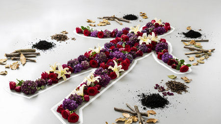 Purple showing human body outline filled with red roses purple hydrangeas and white lilies with...