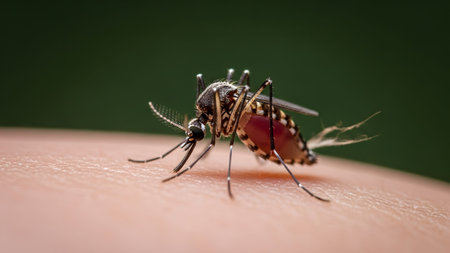 Extreme close-up macro of a mosquito with in its abdomen resting on human skin....