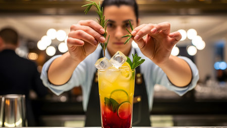 Refreshing showing female bartender decorating a refreshing cocktail with lime, mint, and...