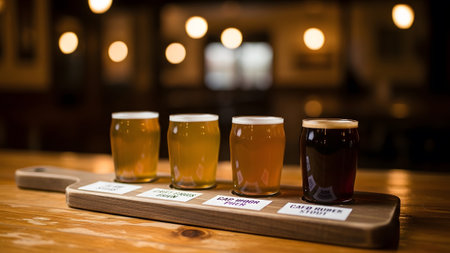 Wooden showing four glasses of craft beer in a tasting flight on a wooden paddle with labels....の写真素材