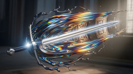 Building showing a sword is impaled through a dynamic splash of iridescent liquid with a blurred...