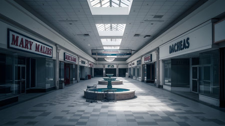 An abandoned shopping mall interior with empty stores and a central decorative fountain, showing...