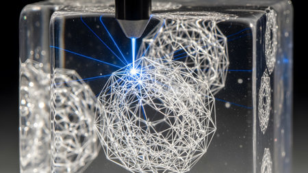A blue laser beam precisely etches a complex geometric lattice structure within a clear cubic block.