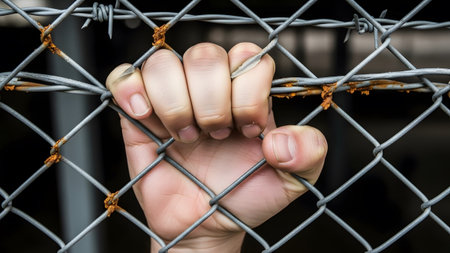 A close-up of a hand tightly gripping a rusty chain-link fence, with barbed wire visible above,...