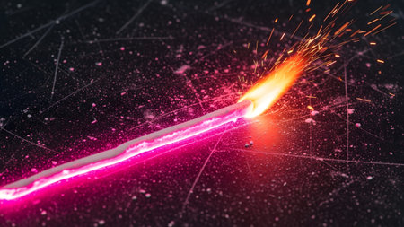 Bright showing a bright pink fuse ignites with a shower of orange sparks and flames against a...