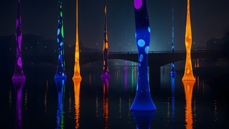 Bright showing abstract glowing pillars of light in various bright colors stand in dark water at...