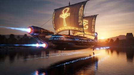 Sunset showing ancient egyptian ankh sails on a futuristic ship with jet engines over water at...の写真素材