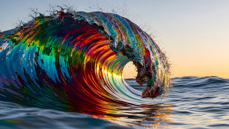 Illuminated showing a powerful ocean wave curls and breaks with intense rainbow colors...の写真素材