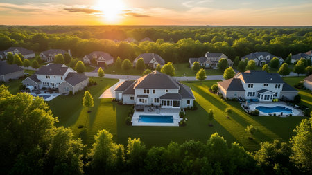 Aerial view of a suburban neighborhood with large houses, green lawns, and swimming pools during...