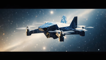Board showing advanced drone with circuit board pattern flying in space with glowing stars and...
