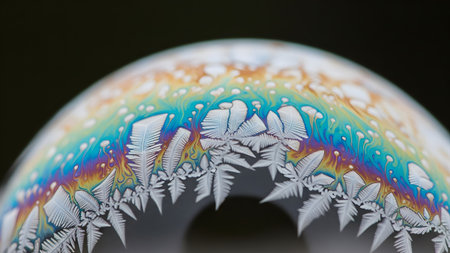 Patterns showing abstract close-up of a soap bubble surface with rainbow iridescence and...