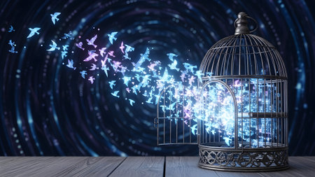 Birds showing abstract digital birds escaping a birdcage with swirling light background.