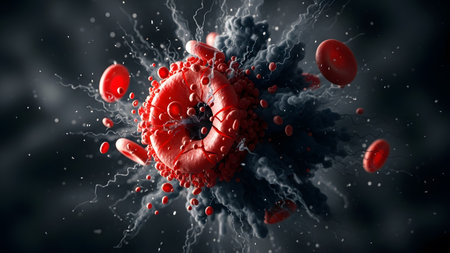 Cells showing abstract red cells and dark matter particles in microscopic view.