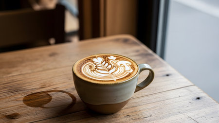 A single cup of latte with fern-like foam sits on a rustic wooden table with a subtle water stain.の写真素材