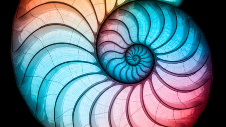 Black showing abstract colorful nautilus shell spiral with gradient colors on black background....の写真素材