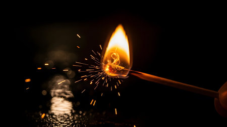 Flame showing a wooden matchstick ignites with a bright orange flame, emitting sparks and smoke...