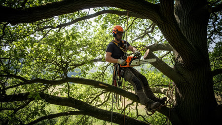 Wearing showing arborist wearing safety gear using a chainsaw while sitting on a large tree...