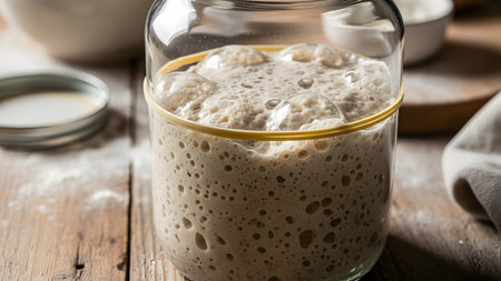 A glass jar filled with active sourdough starter, marked with a yellow band, sits on a wooden...