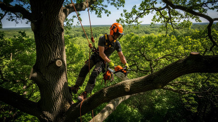 (2815) showing arborist in orange helmet and safety harness operates a chainsaw to prune a large...