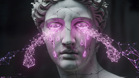 Glitch showing ancient greek statue with glowing pink digital network tears and glitch effects....の写真素材