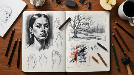 showing artist sketchbook open to charcoal portrait and landscape with supplies.