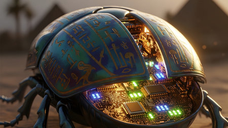 An ancient Egyptian scarab beetle with an open shell revealing a glowing circuit board, pyramids...