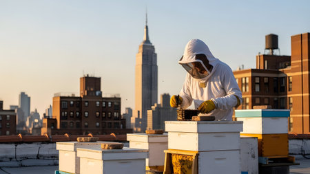 Beehives showing beekeeper in protective suit tending to beehives on a new york city rooftop...