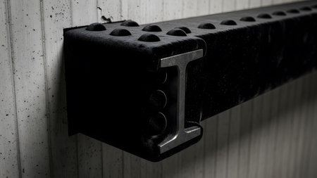 Black tufted upholstery fabric is wrapped around a metal I-beam embedded into a concrete wall.