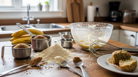 showing baking ingredients and muffins on a wooden kitchen counter with bananas and...