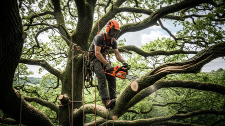 showing arborist in orange helmet and harness uses a chainsaw to cut a large tree branch...