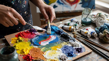 An artist mixes thick, vibrant oil paints on a wooden palette using a brush and palette knife.