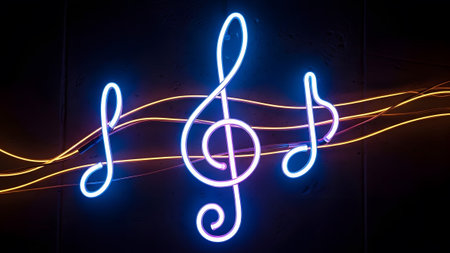 (4918) showing blue and purple neon treble clef and musical notes with glowing orange wavy lines...の写真素材